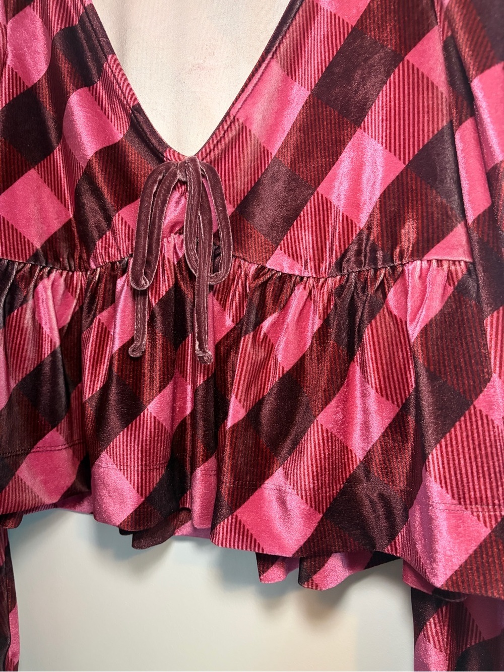 Anthropologie Maeve | Pink Plaid Striped Puff Sleeve V-Neck Blouse - Picture 3 of 8
